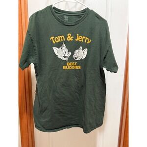 Tom and Jerry Best Buddies Graphic‎ Tee Mens Large Dark Green Cotton T-Shirt